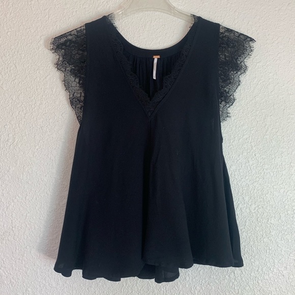 Free People Tops - Free People Black Lace V Neck Top Blouse S/P